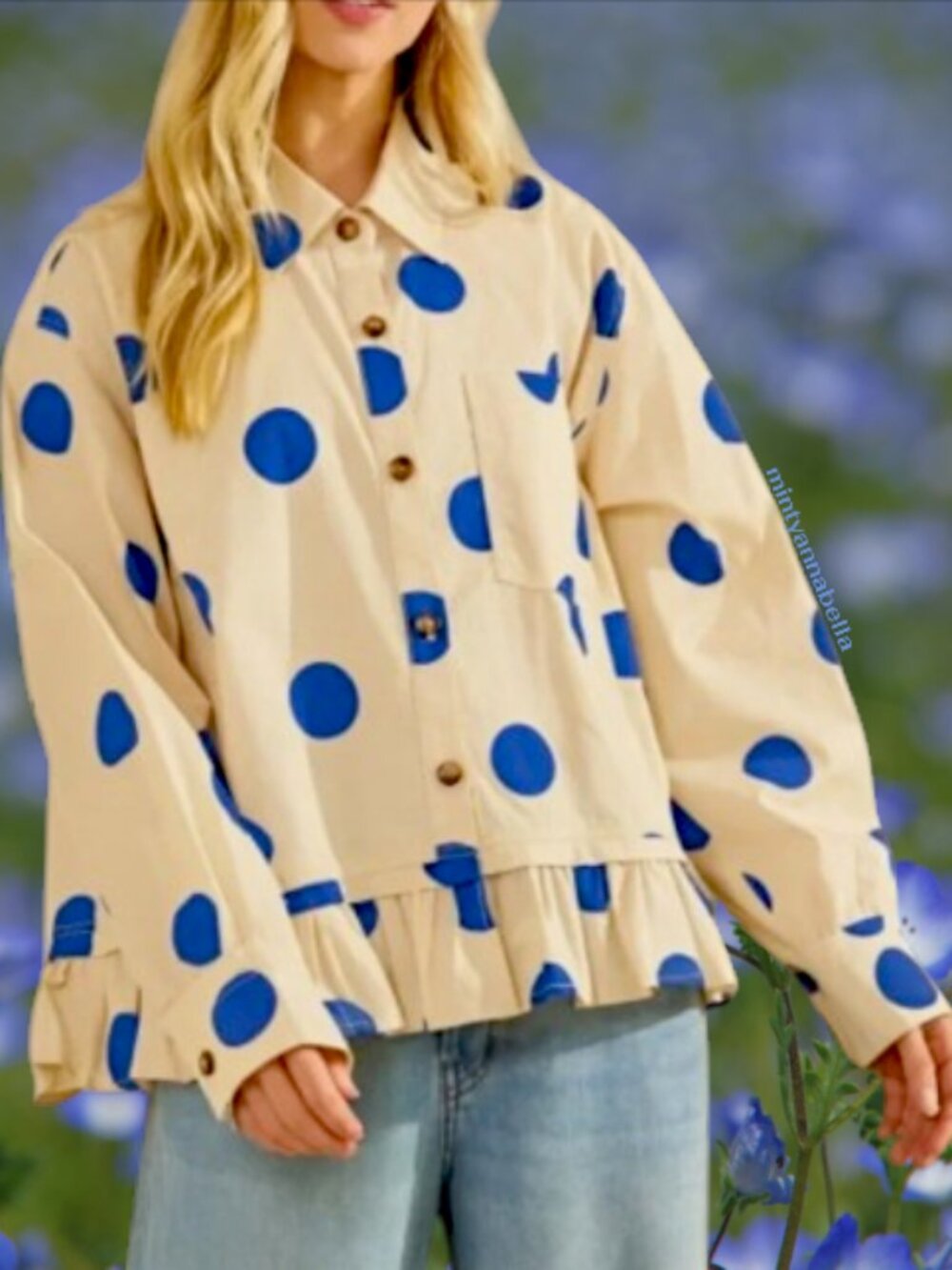 Sewn + Seen Blue Polka Dot Ruffle Hem Button Down